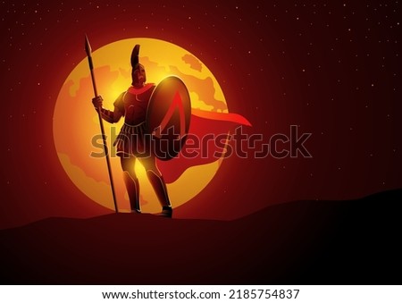 Vector illustration of Spartan warrior with his shield and spear standing gallantly against full moon