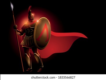Vector illustration of spartan warrior wearing helmet and red cloak, Leonidas fantasy illustration