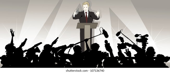 Vector illustration of a speaker addresses an audience in a political campaign