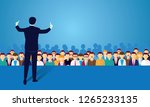 Vector illustration of speaker businessman giving lecture at seminar, politician campaign on stage in the front of crowd 