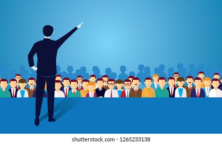 Vector illustration of speaker businessman giving lecture at seminar, politician campaign on stage in the front of crowd 