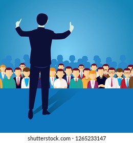 Vector illustration of speaker businessman giving lecture at seminar, politician campaign on stage in the front of crowd 