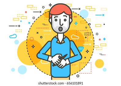 Vector illustration speaker holding pencil pen in hands