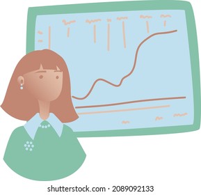 Vector illustration. The speaker at the meeting at the blackboard with a schedule. Isolated, on a white background.