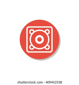Vector illustration of Speaker sign icon on red circle background.