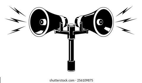 Vector illustration of speakers with an announcement or alarm sounding. Vector Speaker or Alarm. Two industrial Alarm or announcement speakers 