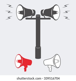 Vector illustration of speakers with an announcement or alarm sounding. Vector Speaker or Alarm. Two industrial Alarm or announcement speakers 