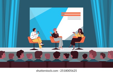 Vector illustration of speakers on stage with a microphone. A design that displays the event in a hall with an audience and a presentation screen.