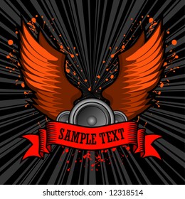 vector illustration of speakers and wings set behind a grunge text banner