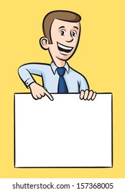 Vector illustration of Speaking businessman pointing at blank placard. Easy-edit layered vector EPS10 file scalable to any size without quality loss. High resolution raster JPG file is included.
