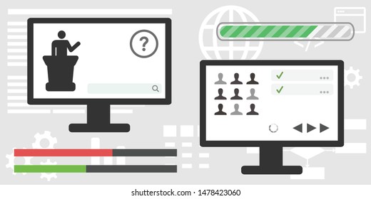 vector illustration of speaking person on the computer screen with online video broadcasting technology buttons for webinars visuals