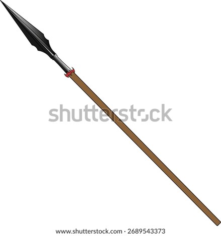 Vector illustration of a spear with a dark spearhead and a wooden handle and red fur. 