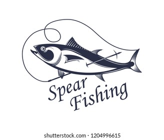 Vector illustration of the spear fishing label and sign. Salmon badge and symbol in vintage style.