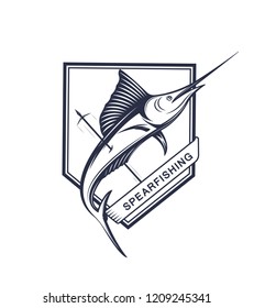 Vector illustration of the spear fishing label and sign. Swordfish badge and symbol in vintage style.