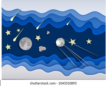 Vector illustration of spece,sky,planet, stars, satellite, cosmos, space.  Background flat design. Style paper art