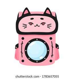 Vektorgrafik eines speziellen Rucksacks zum Transport von Katzen. Das Fenster für die Katze. Helles, schönes Design mit einem lustigen KatzenGesicht. Farbschema: rosa, dunkelgrau. Cat-Rucksack