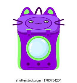 Vector Illustration Of A Special Backpack For Transporting Cats. It Has A  Window For The Cat Too See Through. Bright, Beautiful Design With A Funny Cat Face. Color Scheme: Violet, Light Green. Cat Backpack.