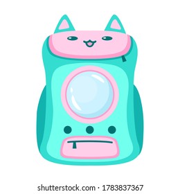 Vector Illustration Of A Special Backpack For Transporting Cats. It Has A  Window For The Cat Too See Through. Bright, Beautiful Design With A Funny Cat Face. Color Scheme: Light Blue, Light Pink. Cat Backpack