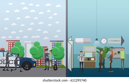 Vector illustration of special forces and policeman catching bank robber female. Robber caught concept design element in flat style