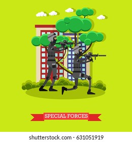 Vector illustration of special forces with rifles wearing special uniform and helmets. Combating crime concept flat style design.