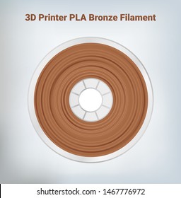 Vector illustration of special glittering composite pla or abs bronze copper filament for 3D printing wounded on the spool. Plastic bronze special material for a 3D printer.