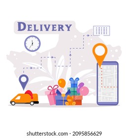 Vector Illustration Special Holiday Delivery Car Delivering Gift Boxes For Valentine's Day Birthday Mother's Day Father's Day Boxing Day Christmas New Year. Order Tracking On Cell Phone Route