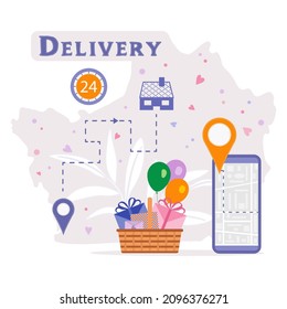 Vector illustration Special holiday delivery Delivering gift basket for Valentine's day Birthday Mother's day Father's day Boxing day Christmas New Year. Order Tracking on cell phone Route