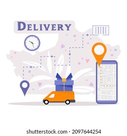 Vector Illustration Special Holiday Delivery Car Delivering Gift Box For Valentine's Day Birthday Mother's Day Father's Day Boxing Day Christmas New Year. Order Tracking On Cell Phone Route