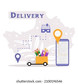 Vector Illustration Special Holiday Delivery Car Delivering Gift Boxes For Valentine's Day Birthday Mother's Day Father's Day Boxing Day Christmas New Year. Order Tracking On Cell Phone Route