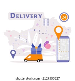 Vector Illustration Special Holiday Delivery Car Delivering Gift Box For Valentine's Day Birthday Mother's Day Father's Day Boxing Day Christmas New Year. Order Tracking On Cell Phone Route