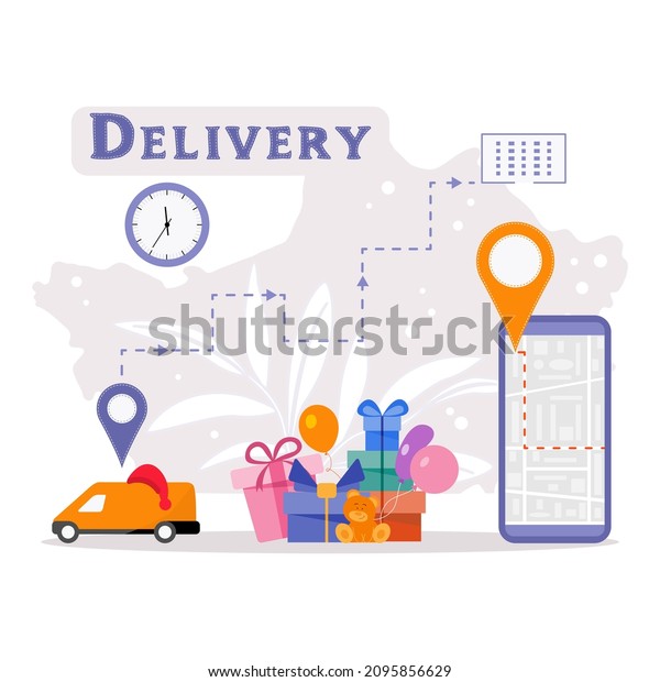 Vector illustration Special holiday delivery Car\
delivering gift boxes for Valentine\'s day Birthday Mother\'s day\
Father\'s day Boxing day Christmas New Year. Order Tracking on cell\
phone Route