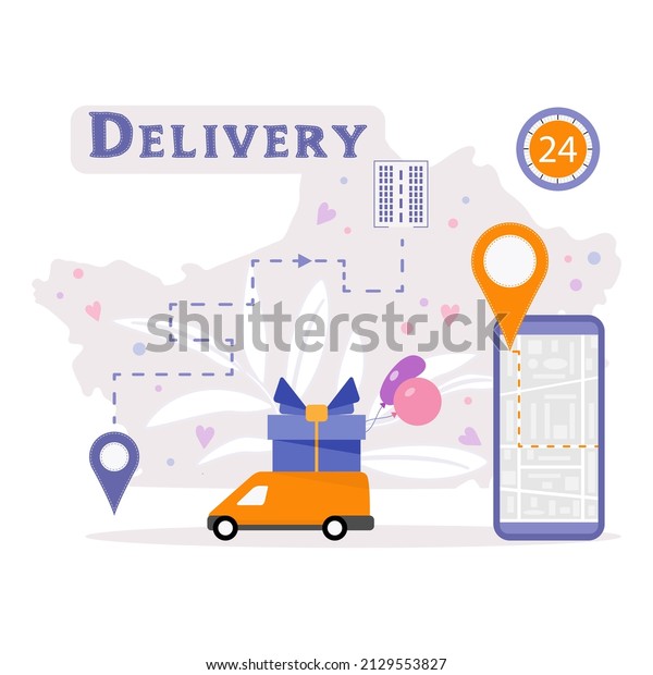 Vector illustration Special holiday delivery Car\
delivering gift box for Valentine\'s day Birthday Mother\'s day\
Father\'s day Boxing day Christmas New Year. Order Tracking on cell\
phone Route