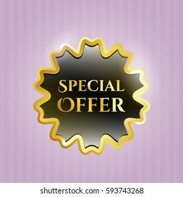 Ilustración vectorial de la oferta especial placa brillante dorada con fondo rosa