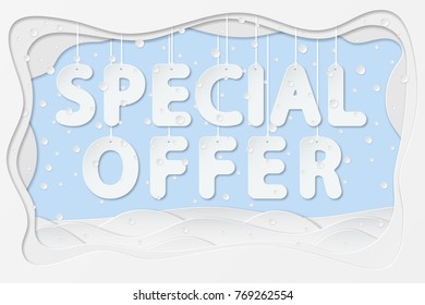 vector illustration of special offer lettering hanging on rope as layered paper cutting art design