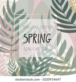 Vector illustration of Special Offer Spring Sale and different bright leaves background.
