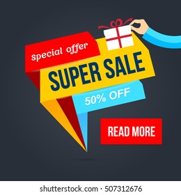 Vector illustration. Special offer. Super Sale. Off 50% banner
