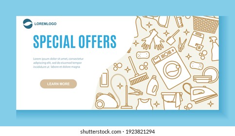 Vector Illustration Special Offers Discount concept Cleaning Maid service Housekeeping Ironing Laundry Professional hygiene Domestic household chores Marketing poster, web landing page design