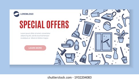 Vector Illustration Special Offers Discount Cleaning Maid service Housekeeping Ironing Washing window Laundry Watering plant Professional hygiene Domestic Household Marketing poster Web landing page