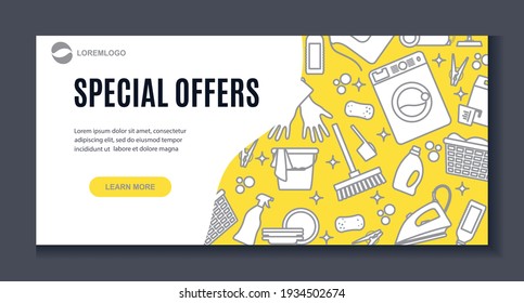 Vector Illustration Special Offers Discount concept Cleaning Maid service Housekeeping Ironing Laundry Professional hygiene Domestic household chores Marketing poster, web landing page design