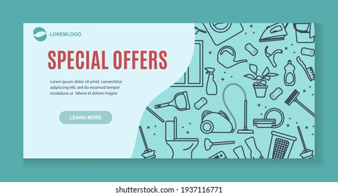 Vector Illustration Special Offers Discount Cleaning Maid service Housekeeping Ironing Washing window Laundry Watering plant Professional hygiene Domestic Household Marketing poster Web landing page