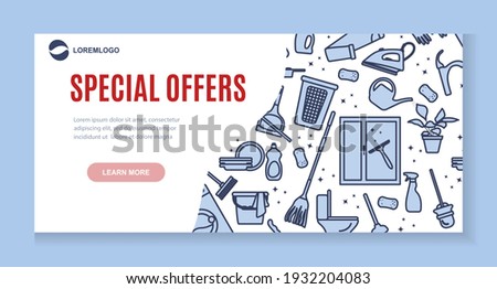 Vector Illustration Special Offers Discount Cleaning Maid service Housekeeping Ironing Washing window Laundry Watering plant Professional hygiene Domestic Household Marketing poster Web landing page