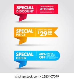 Vector Illustration Special Price Banner Collection. Colorful Discount Flag Set.