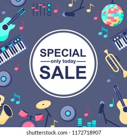 Vector Illustration. Special sale poster with musical instruments on grey blue background. Backgroud for different designs: card, poster, sales, news for sale. 