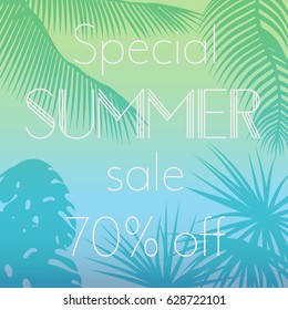 Vector illustration of special summer sale text on the background of palm leaves silhouettes Exotic banner, poster, flyer, card, postcard, cover brochure.