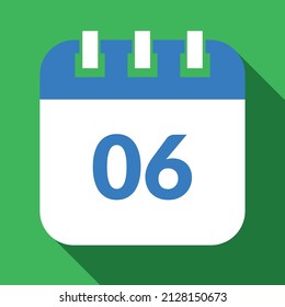 Vector illustration of specific day calendar marking day 06, vector icon for websites and projects in green and blue colors.