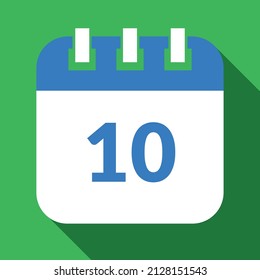 Ilustración vectorial del calendario del día específico marcando el día 10, icono vectorial para sitios web y proyectos en colores verde y azul.