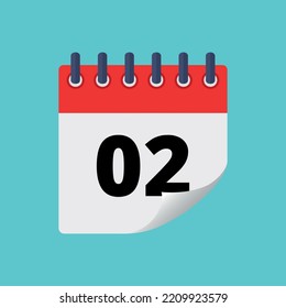 Vector illustration of specific day calendar with bent tip effect isolated on blue background marking day 02.