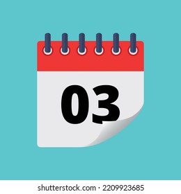 Vector illustration of specific day calendar with bent tip effect isolated on blue background marking day 03.