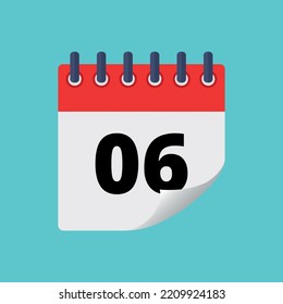 Vector illustration of specific day calendar with bent tip effect isolated on blue background marking day 06.
