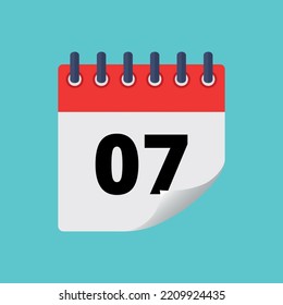 Ilustración vectorial del calendario del día específico con efecto de punta doblada aislado en el día 07 de marcado de fondo azul.